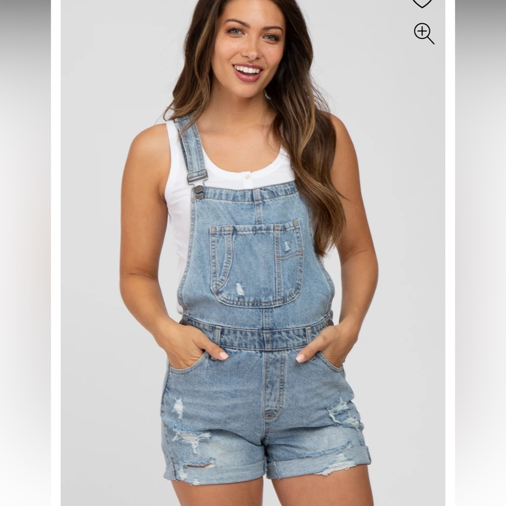 Blue Distressed Maternity Denim Short Overalls